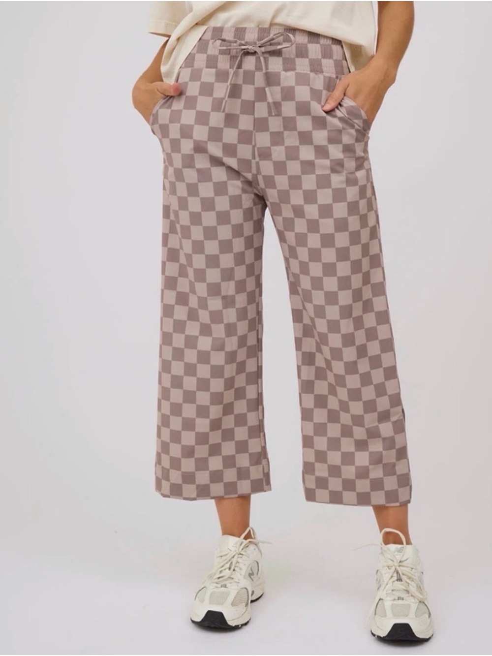 Albion Fit Wide Leg Checkered Cropped Pants in Taupe